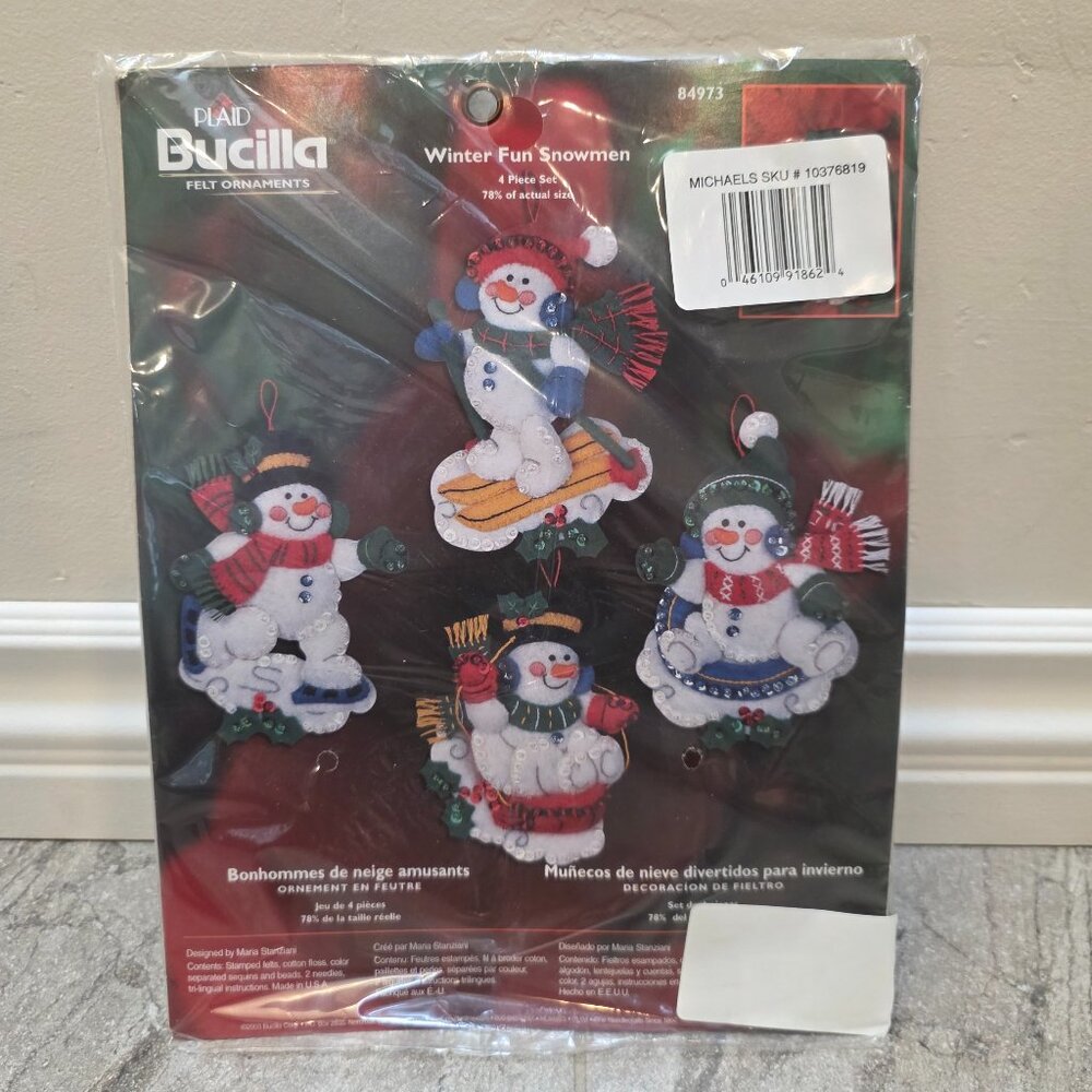 Vintage Bucilla Felt Ornaments "Winter Fun Snowmen" Christmas Ornaments Makes 4